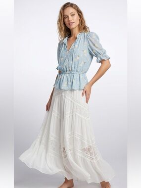 Light Blue Floral Print Short Sleeve Peplum Blouse Semi Sheer Size Extra Small